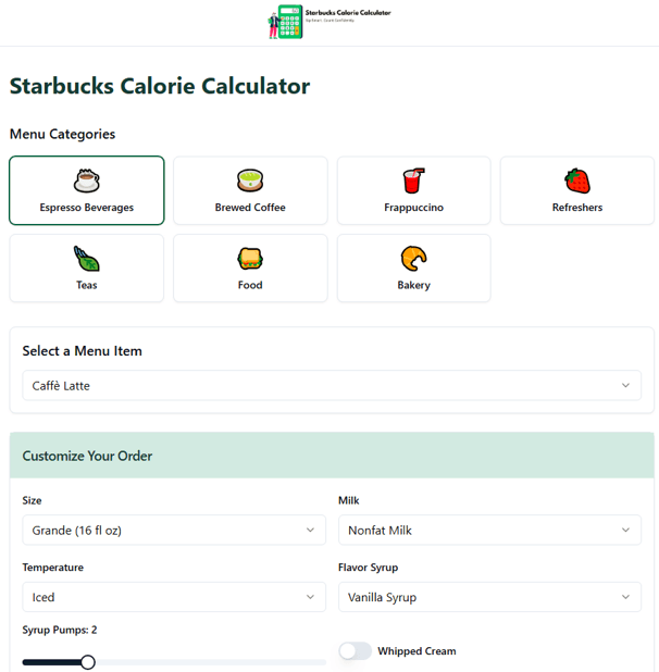 starbucks calorie calculator