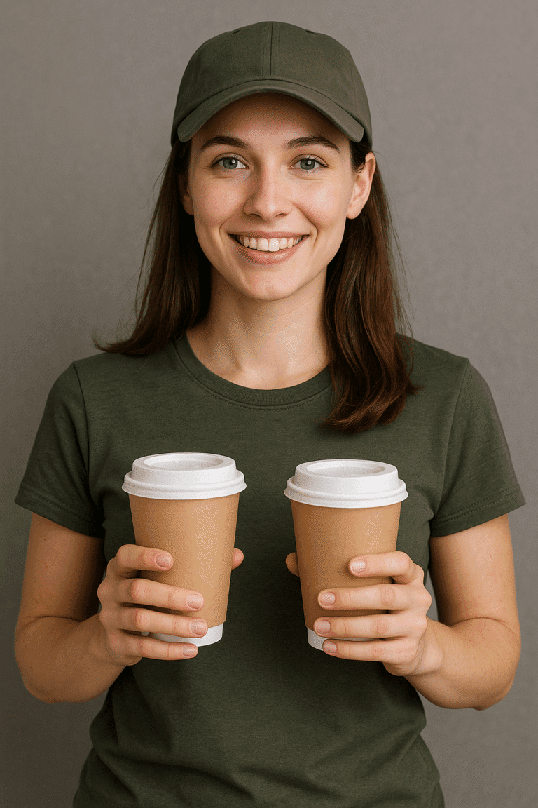 Delivery girl hold a cup of starbucks coffee