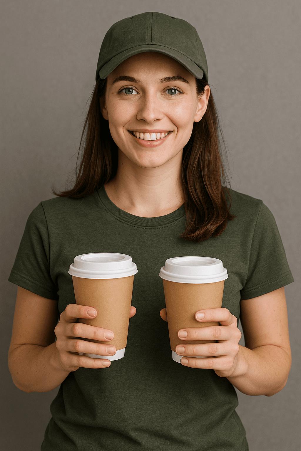 Delivery girl hold a cup of starbucks coffee
