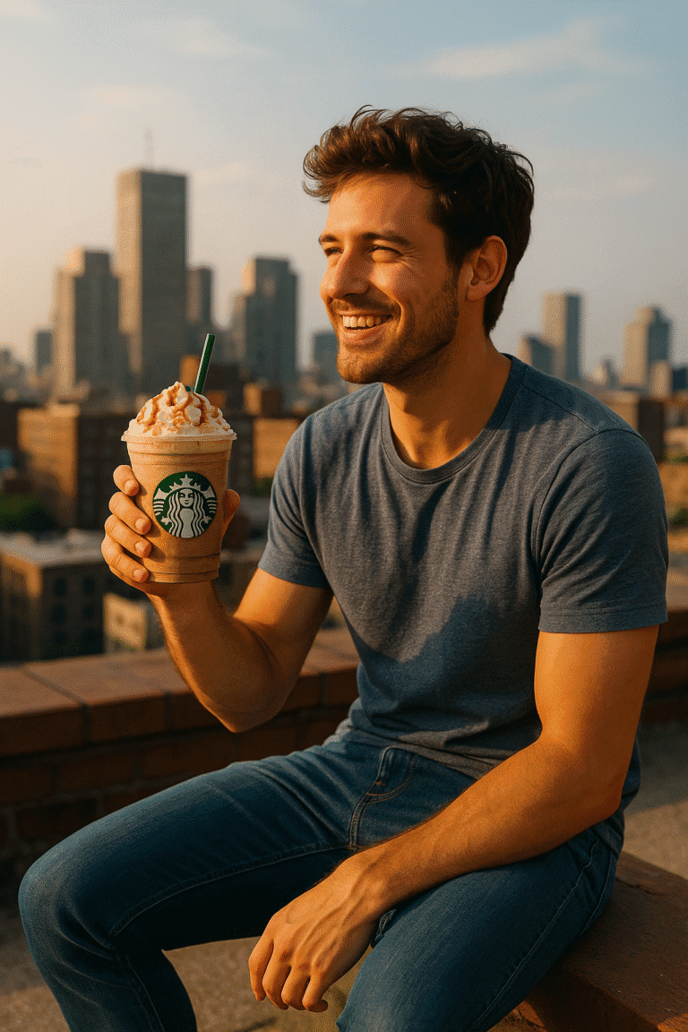Boy holding the drink after using starbucks calorie calculator