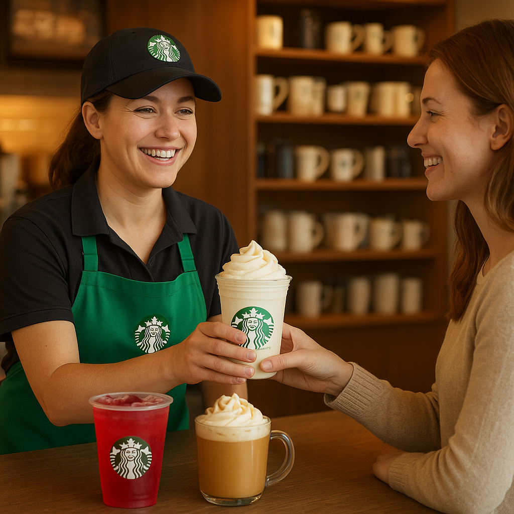 Starbucks barista serving a customer caffeine-free drinks like Passion Tango Tea and Vanilla Bean Frappuccino inside a cozy café