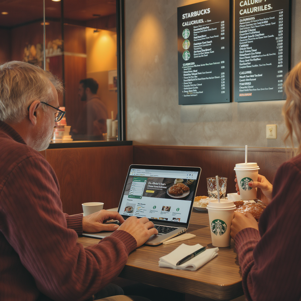 People using a Starbucks calorie calculator on a laptop while enjoying drinks, comparing Starbucks nutrition info in a cozy café setting.