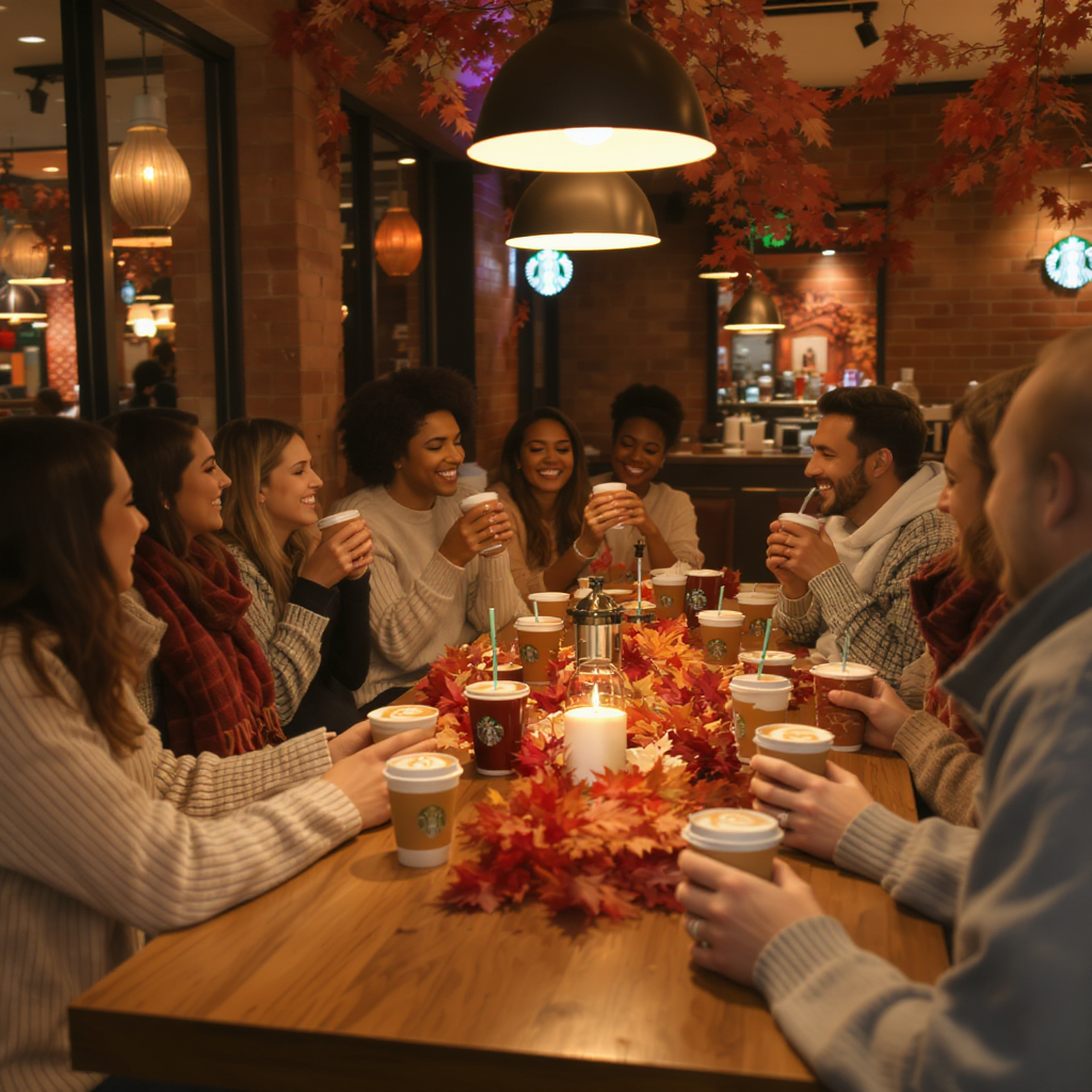 Friends enjoying Starbucks fall drinks 2025 in a cozy café, sipping Pumpkin Spice Latte, Iced Apple Crisp Macchiato, and other seasonal beverages with autumn leaves and warm atmosphere.
