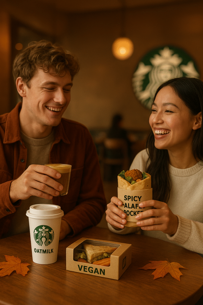 Two friends at a Starbucks table in 2025, smiling while enjoying a Brown Sugar Oatmilk Cortado, a Spicy Falafel Pocket, and vegan snacks.