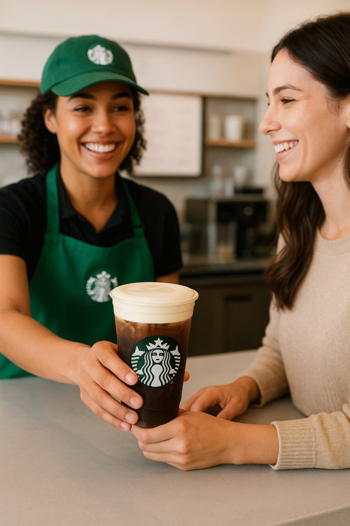 Starbucks barista serving iced cold brew with creamy protein cold foam in 2025