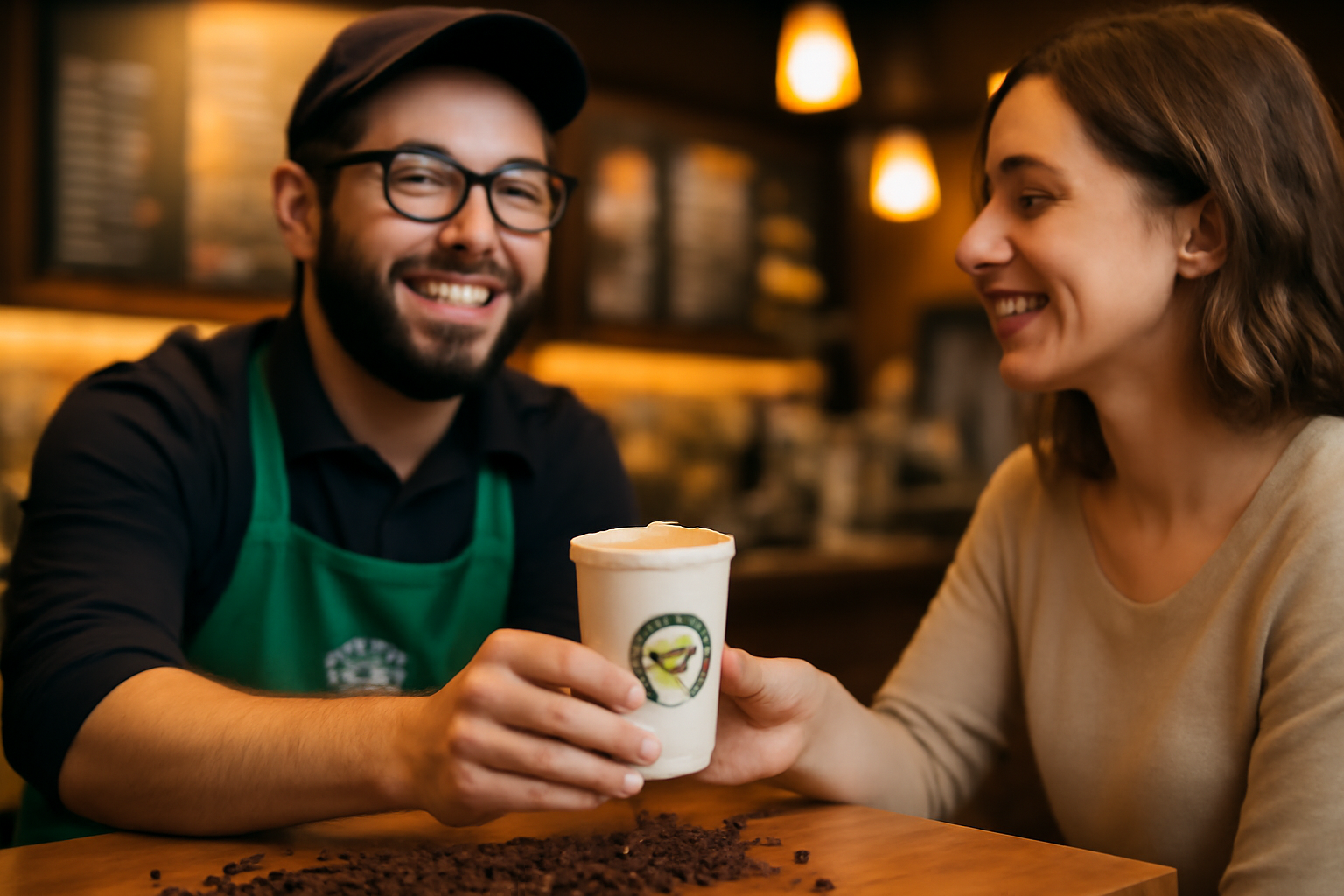 Starbucks barista serving Blonde Espresso roast coffee to a customer