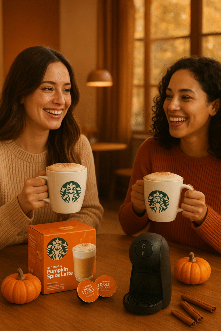 Two friends enjoying Starbucks Pumpkin Spice Latte made with Nescafé Dolce Gusto pods, sitting at a cozy fall-themed table with coffee mugs, pods, and a Dolce Gusto machine.