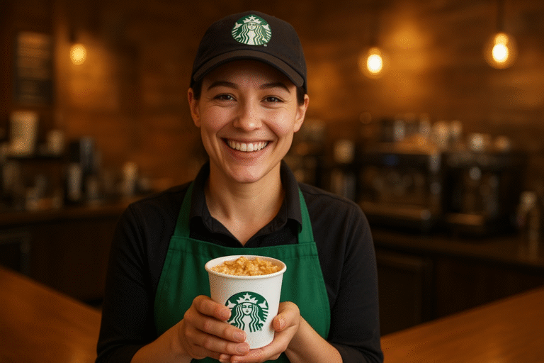 A smiling Starbucks barista wearing a black cap and green apron holds a white Starbucks cup filled with oatmeal, standing behind a cozy wooden counter with warm lighting and blurred coffee machines in the background.
