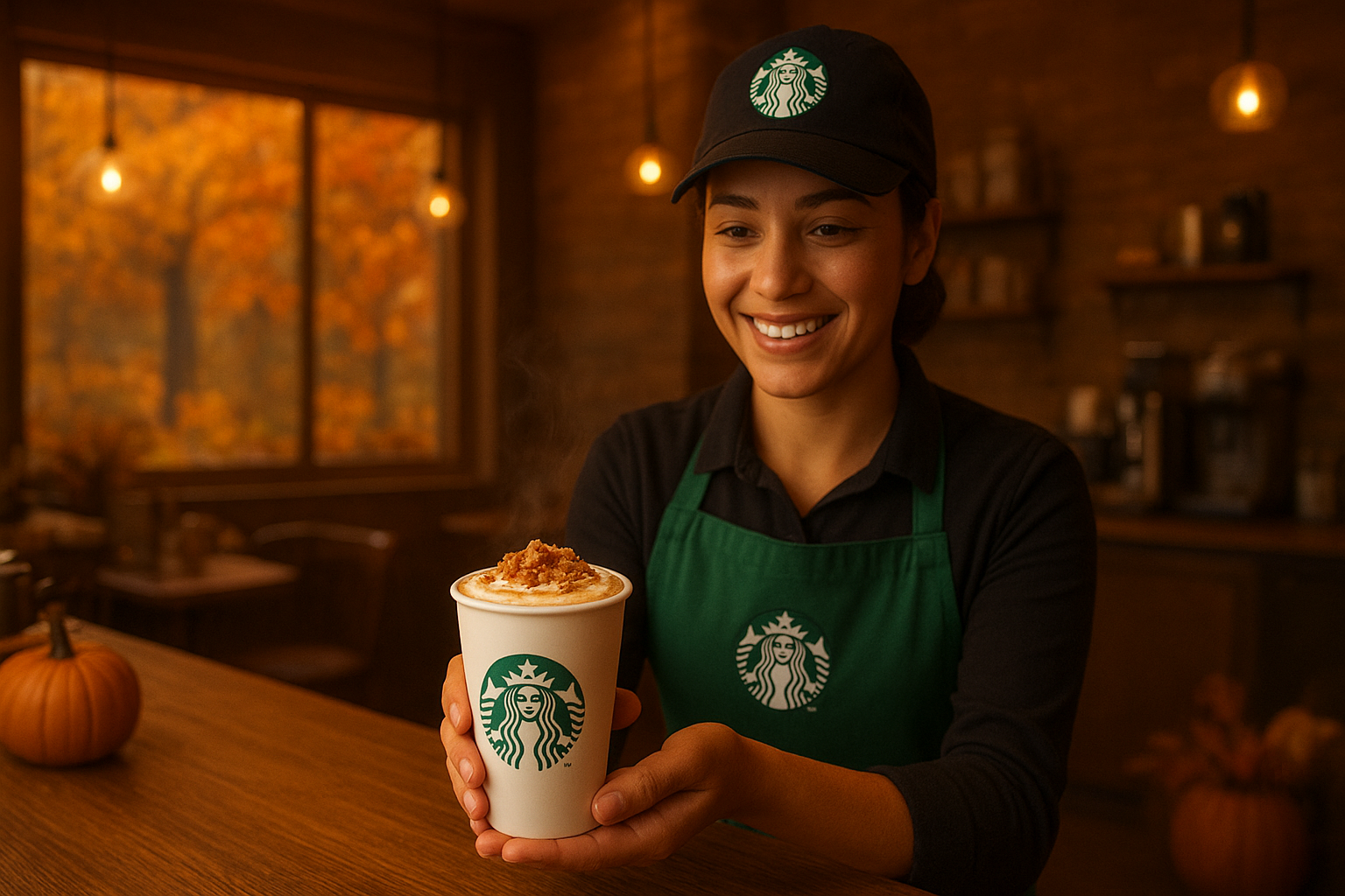 A smiling Starbucks barista places a steaming Pecan Crunch Oatmilk Latte on a wooden counter in a cozy autumn café with warm lighting and fall leaves outside.