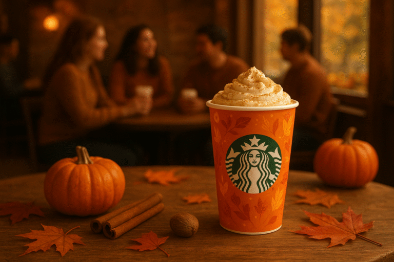 A Starbucks Pumpkin Spice Latte in a fall-themed cup sits on a wooden table surrounded by pumpkins, cinnamon sticks, nutmeg, and autumn leaves, with people in sweaters enjoying drinks in the softly lit café background.
