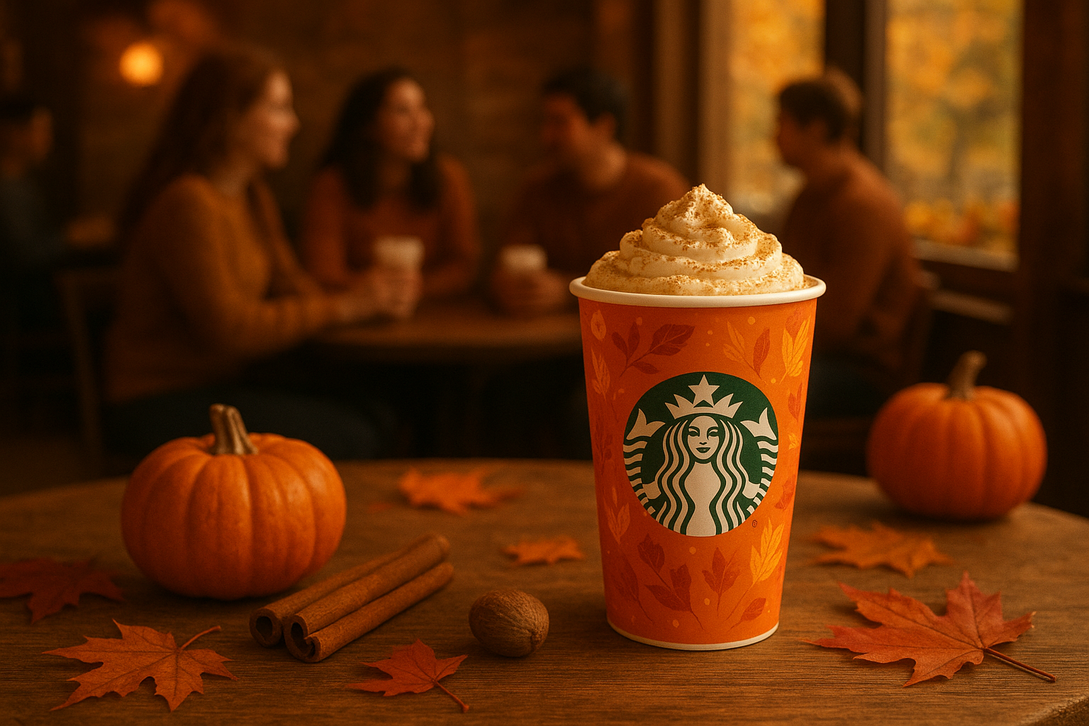 A Starbucks Pumpkin Spice Latte in a fall-themed cup sits on a wooden table surrounded by pumpkins, cinnamon sticks, nutmeg, and autumn leaves, with people in sweaters enjoying drinks in the softly lit café background.