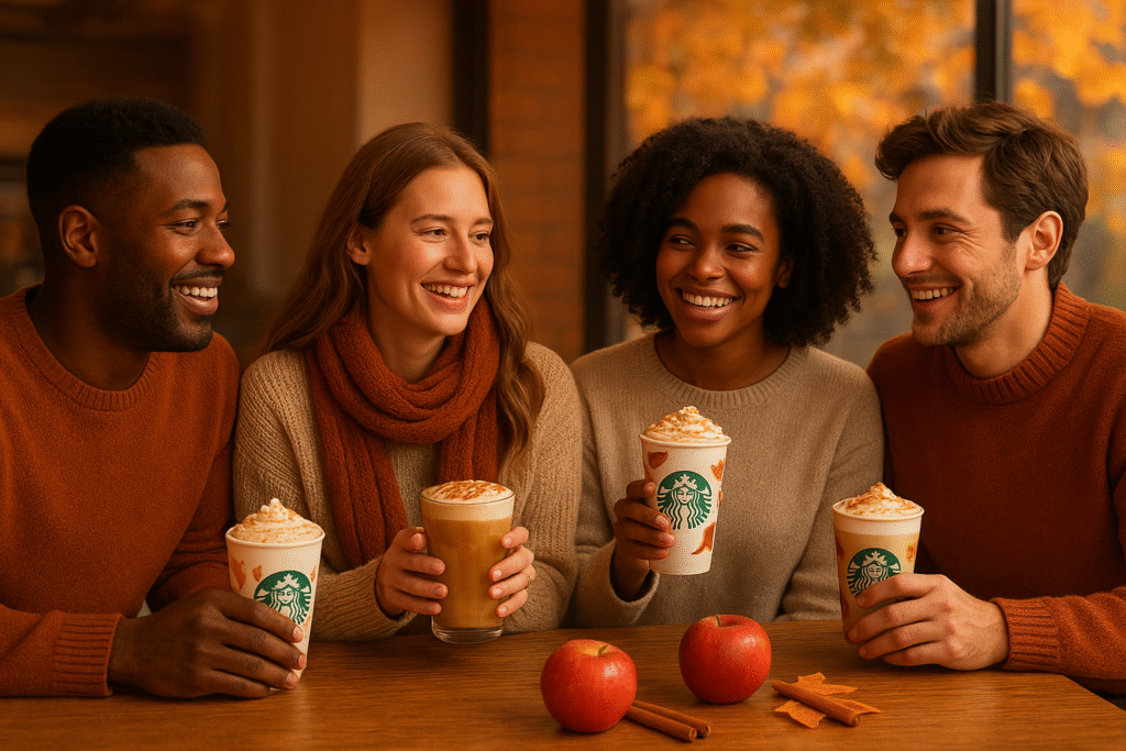 Four friends in autumn sweaters enjoy Starbucks seasonal drinks at a cozy café table with apples, cinnamon sticks, and fall leaves outside.