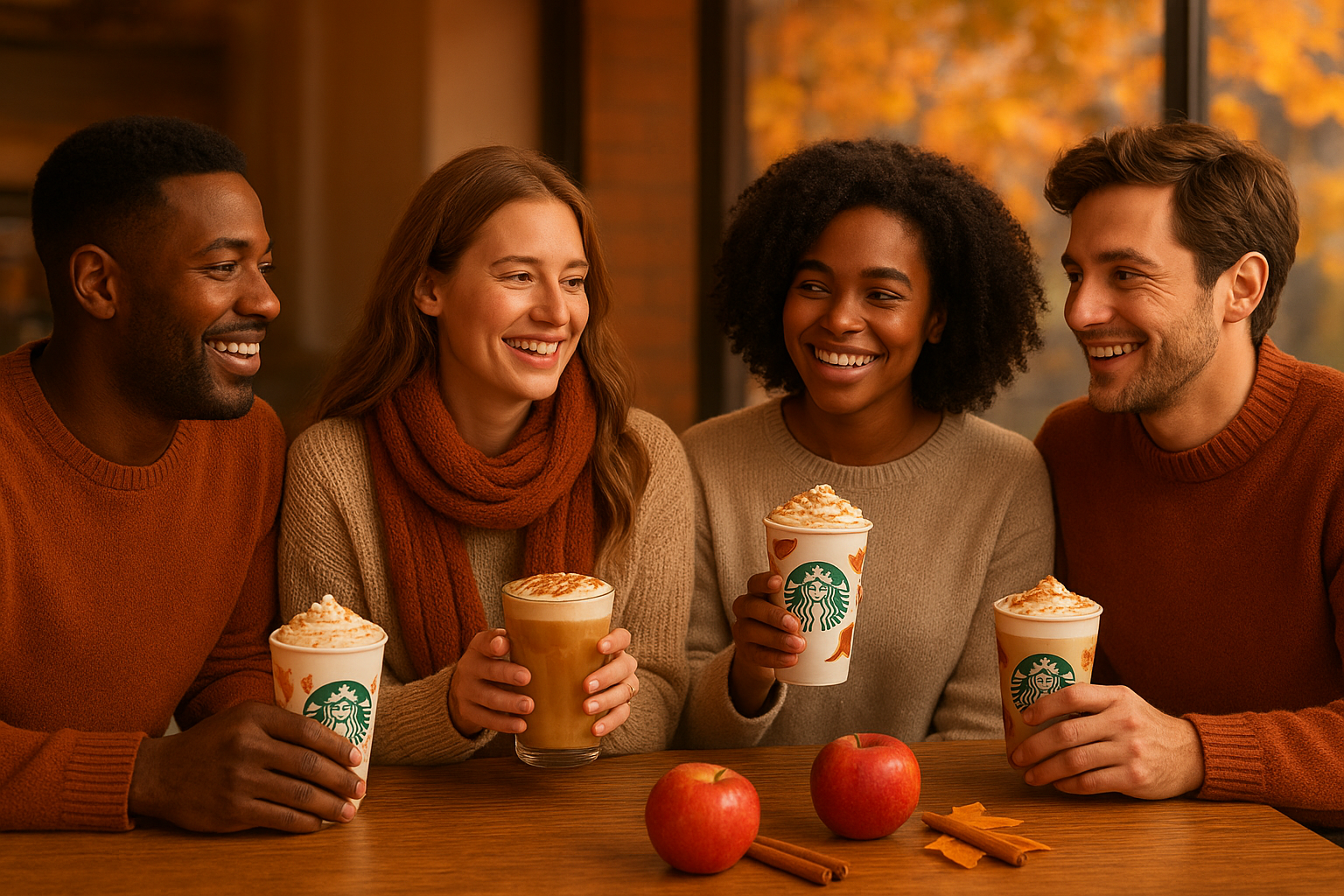 Four friends in autumn sweaters enjoy Starbucks seasonal drinks at a cozy café table with apples, cinnamon sticks, and fall leaves outside.
