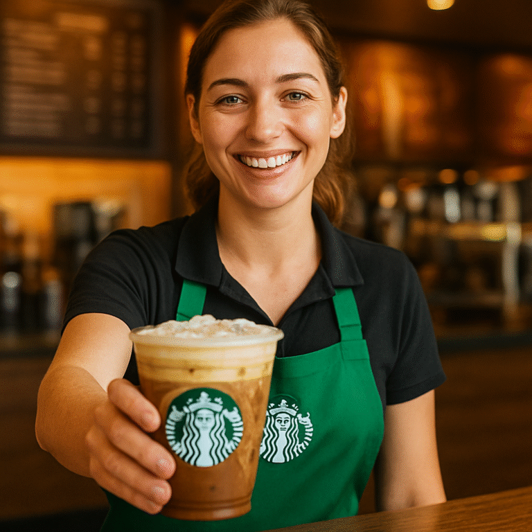 A smiling Starbucks barista in a green apron holds out a clear cup of iced coffee with foam, offering it across the counter. The café interior behind her is warmly lit with wooden textures and a softly blurred menu board, creating a cozy and inviting atmosphere.