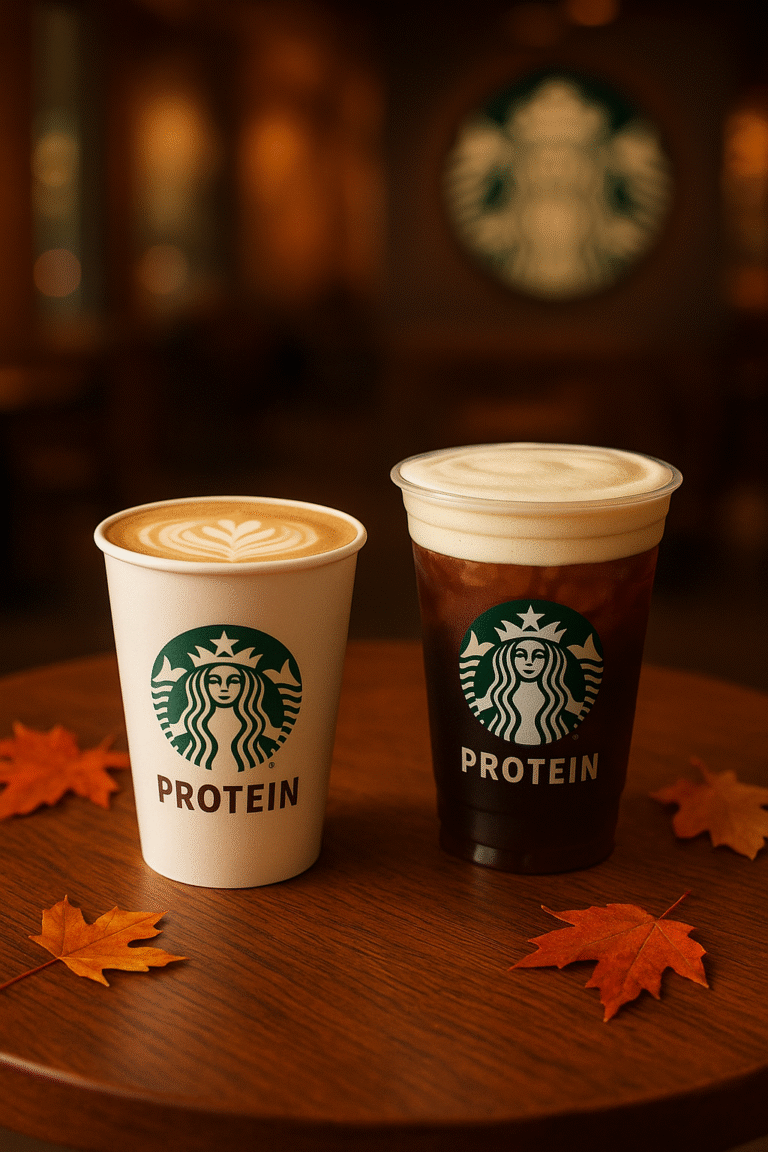 Two Starbucks protein drinks a hot latte with foam art and an iced cold brew with cold foam sit on a wooden table with autumn leaves in a cozy café.