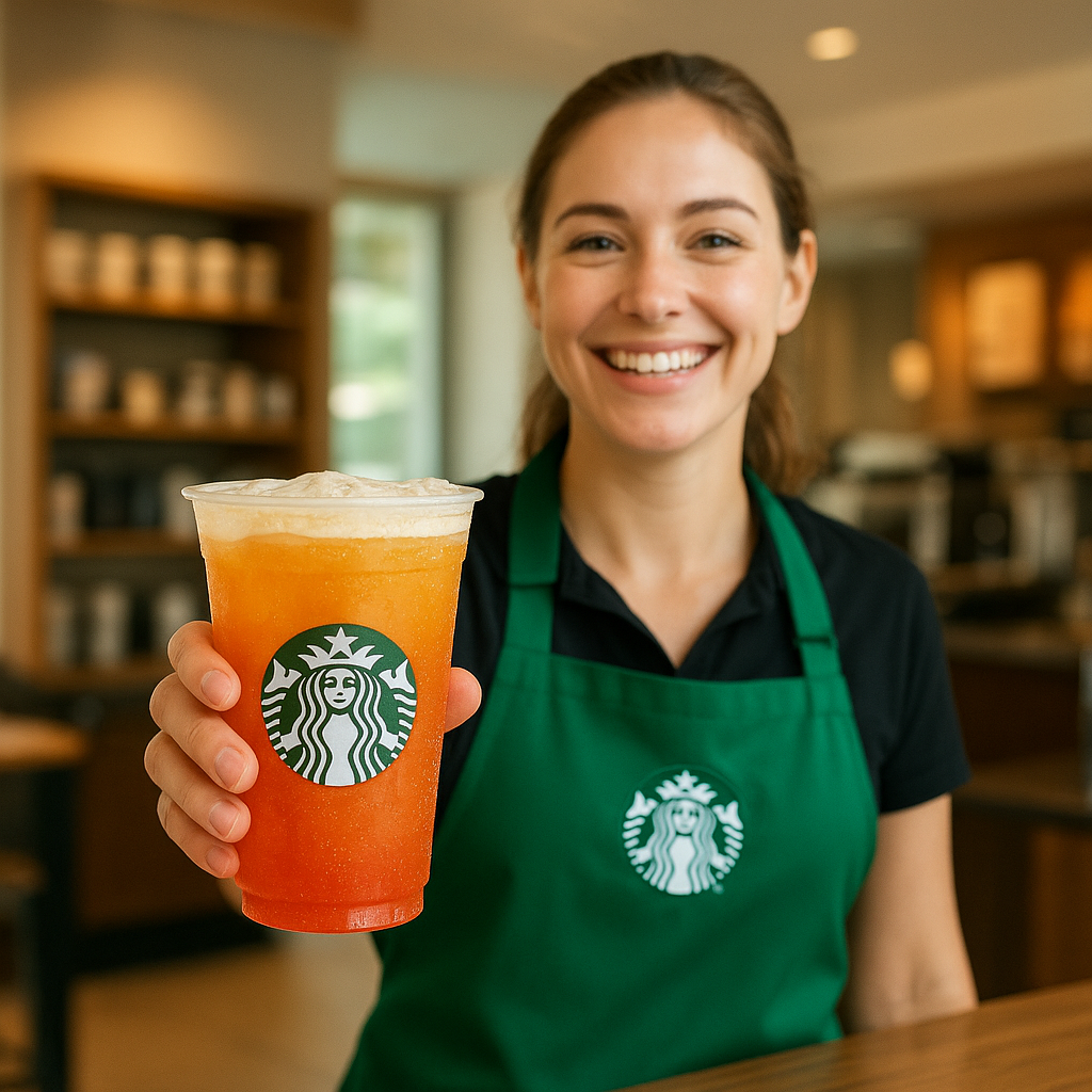 Smiling Starbucks barista in a green apron handing a colorful Tropical Citrus Iced Energy drink in a clear cup with fizz and condensation, inside a bright modern Starbucks café with shelves of merchandise and warm natural light.