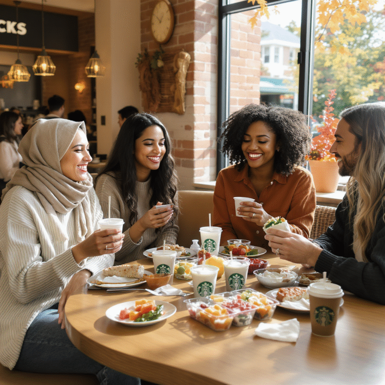 Friends enjoying healthy Starbucks food options with coffee in a café.