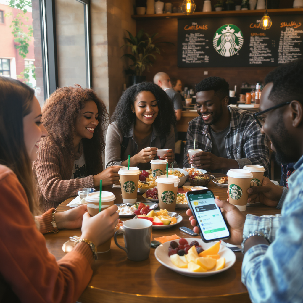 Group of friends enjoying Starbucks drinks and healthy snacks while using the Starbucks app to save money with rewards inside a cozy café.