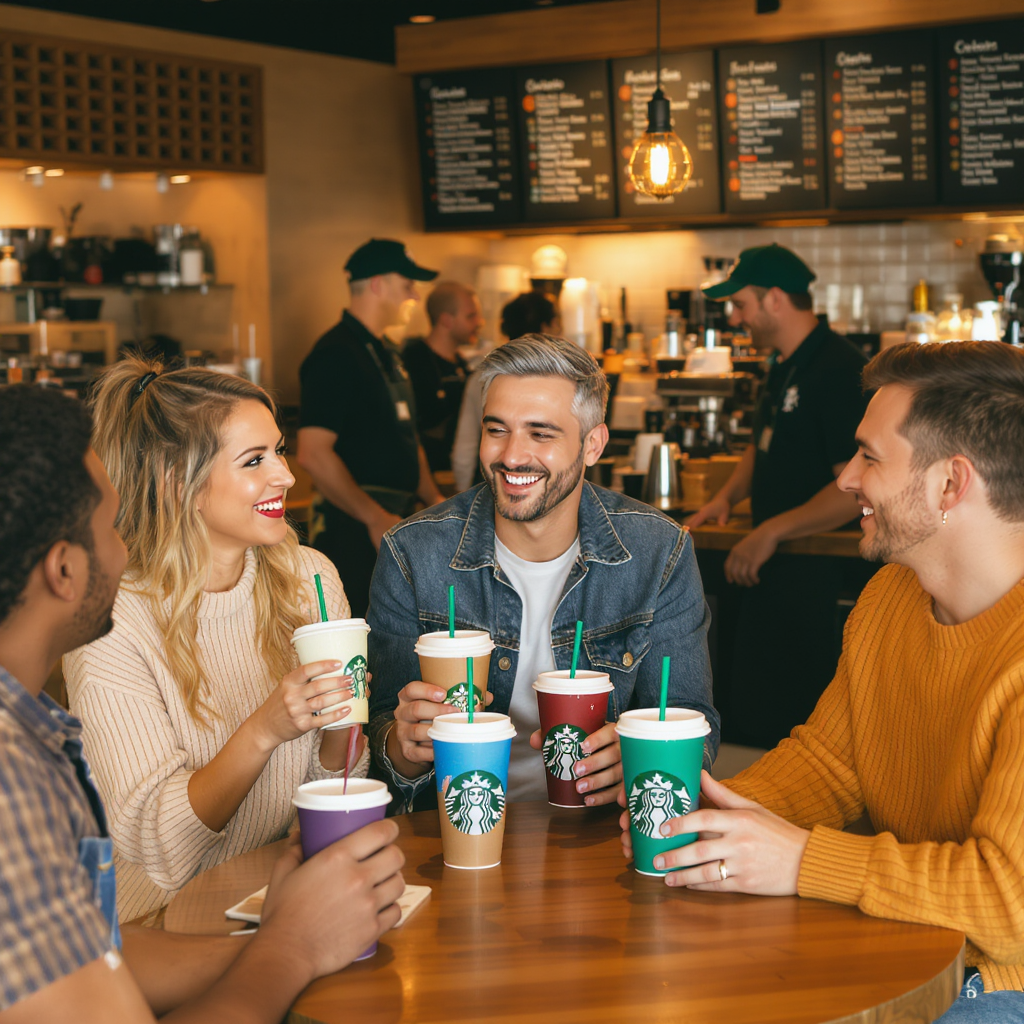 People enjoying Starbucks drinks with rewards and free upgrades in a cozy café