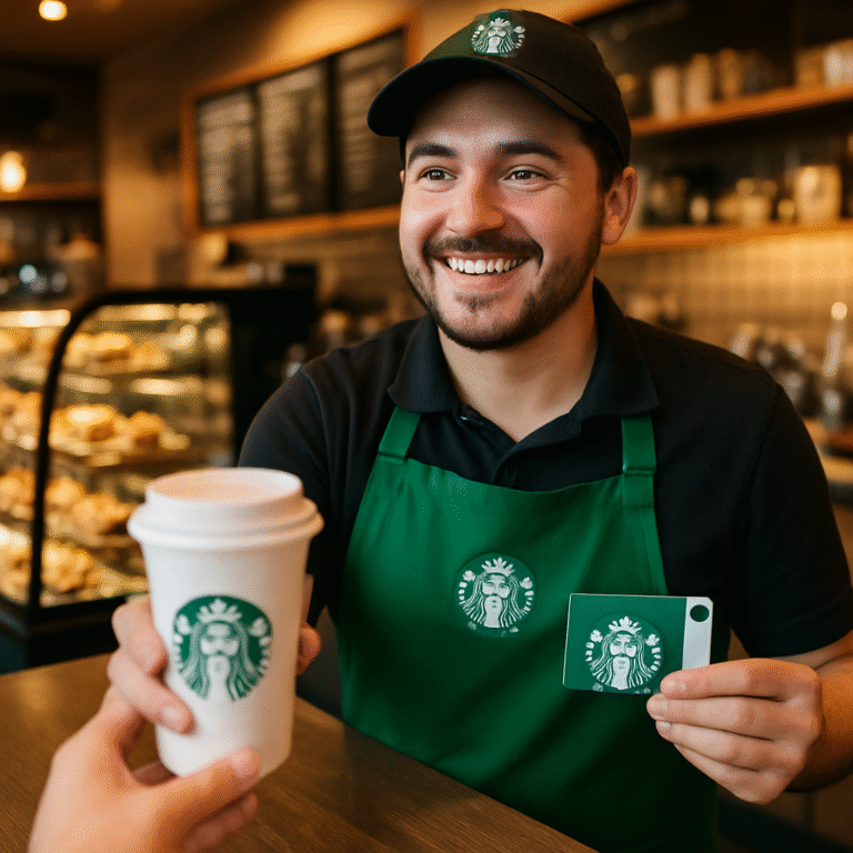 Starbucks barista handing coffee and showing a gift card at the counter inside a café