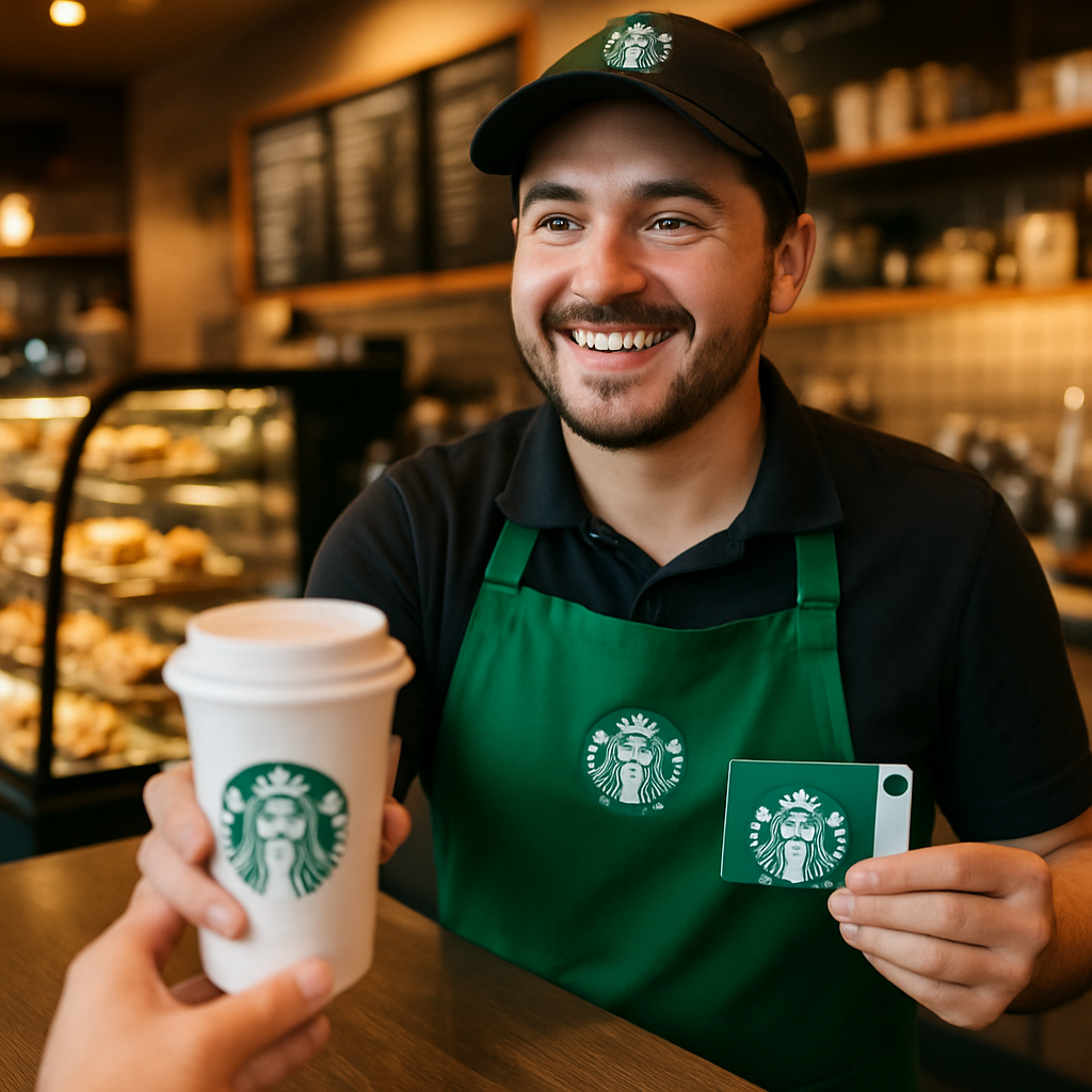Starbucks barista handing coffee and showing a gift card at the counter inside a café