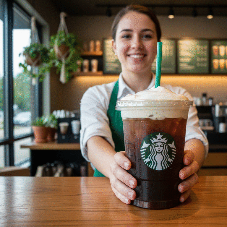 Starbucks employee serving iced coffee with cold foam at café counter