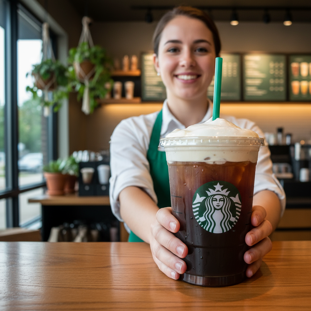 Starbucks employee serving iced coffee with cold foam at café counter