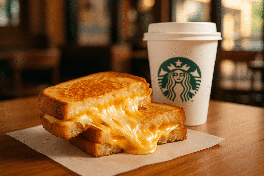 Starbucks grilled cheese sandwich with melted cheddar and mozzarella served with coffee in 2025