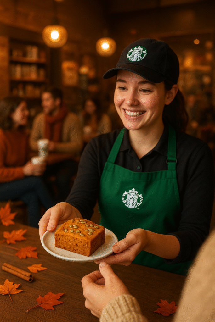 Freshly baked Starbucks Pumpkin Loaf with pumpkin seeds, served in a cozy café during fall season.