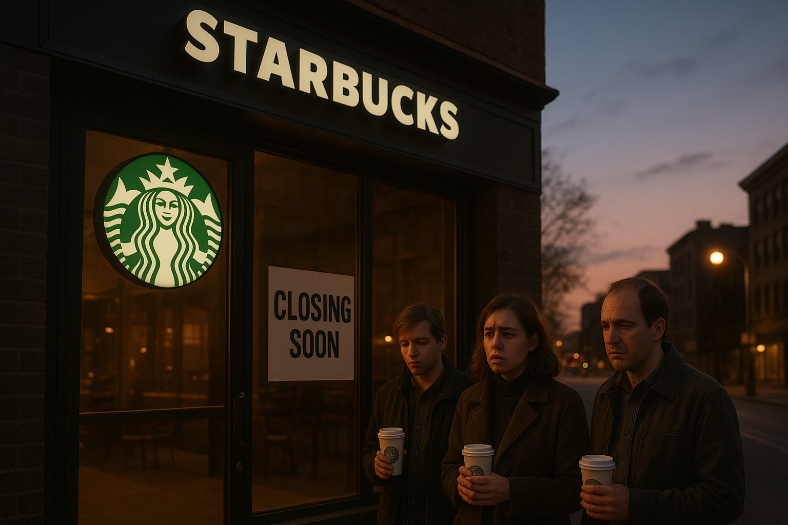 Starbucks store closing with customers outside during evening representing 2025 Starbucks closures.