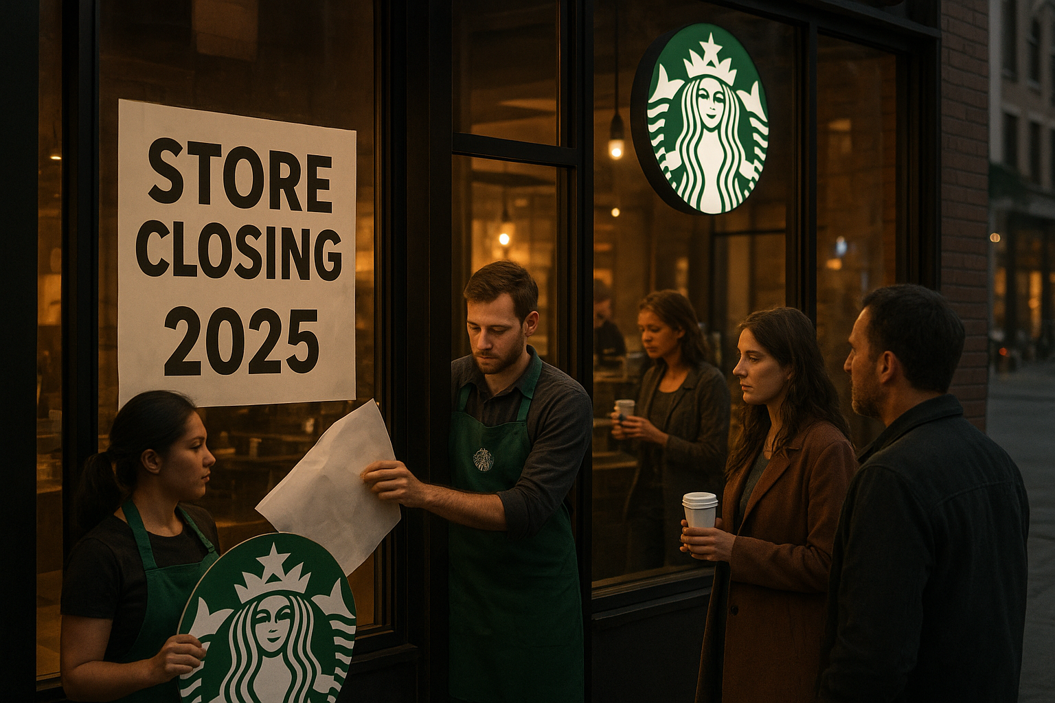 Starbucks employees closing a store in 2025 while customers pick up their last drinks, showing the company’s shift toward new store models.