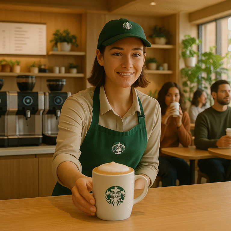 Starbucks barista serves an Oat Cloud Latte in a warm, modern café with natural light and customers enjoying coffee.