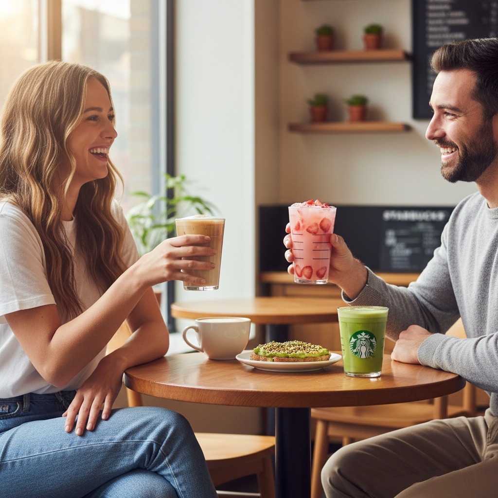 Friends enjoying vegan and dairy-free Starbucks drinks at a cafe