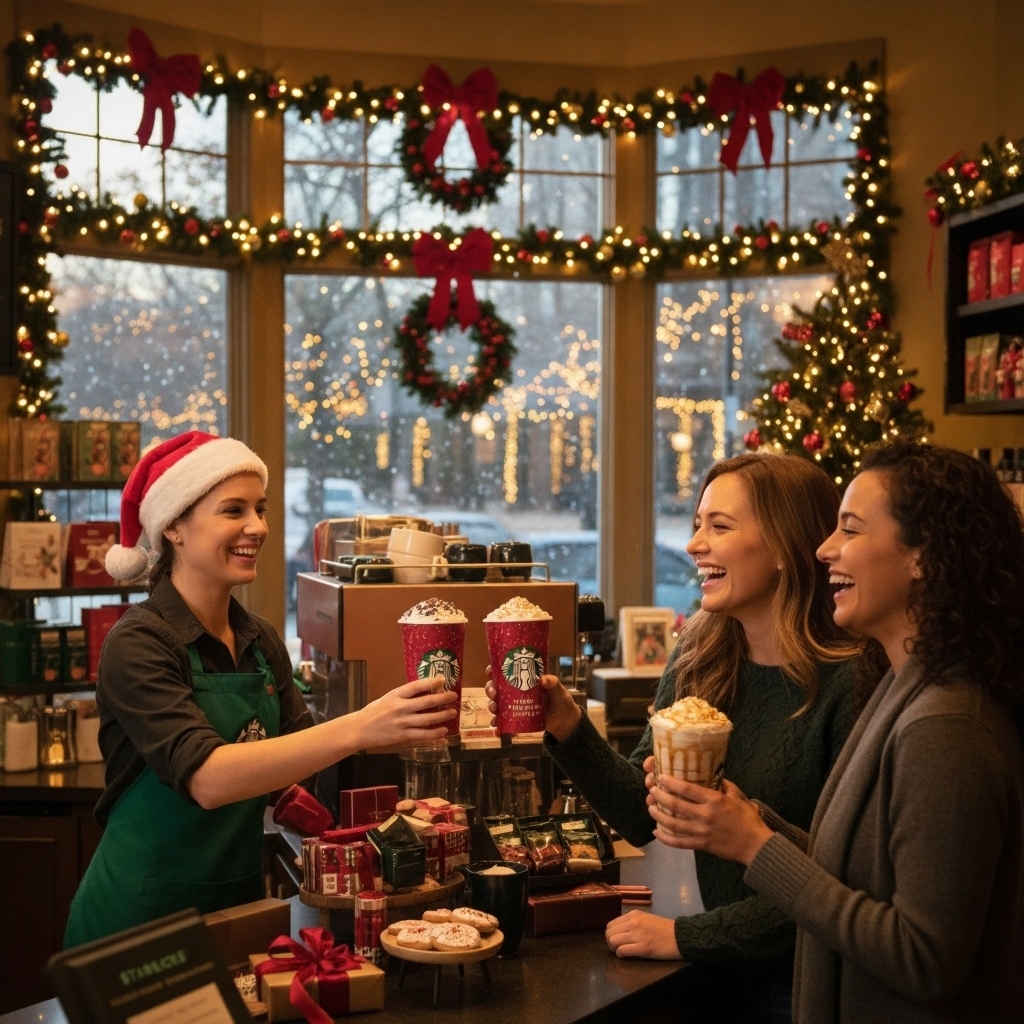 Starbucks barista serving holiday drinks in red cups 2025