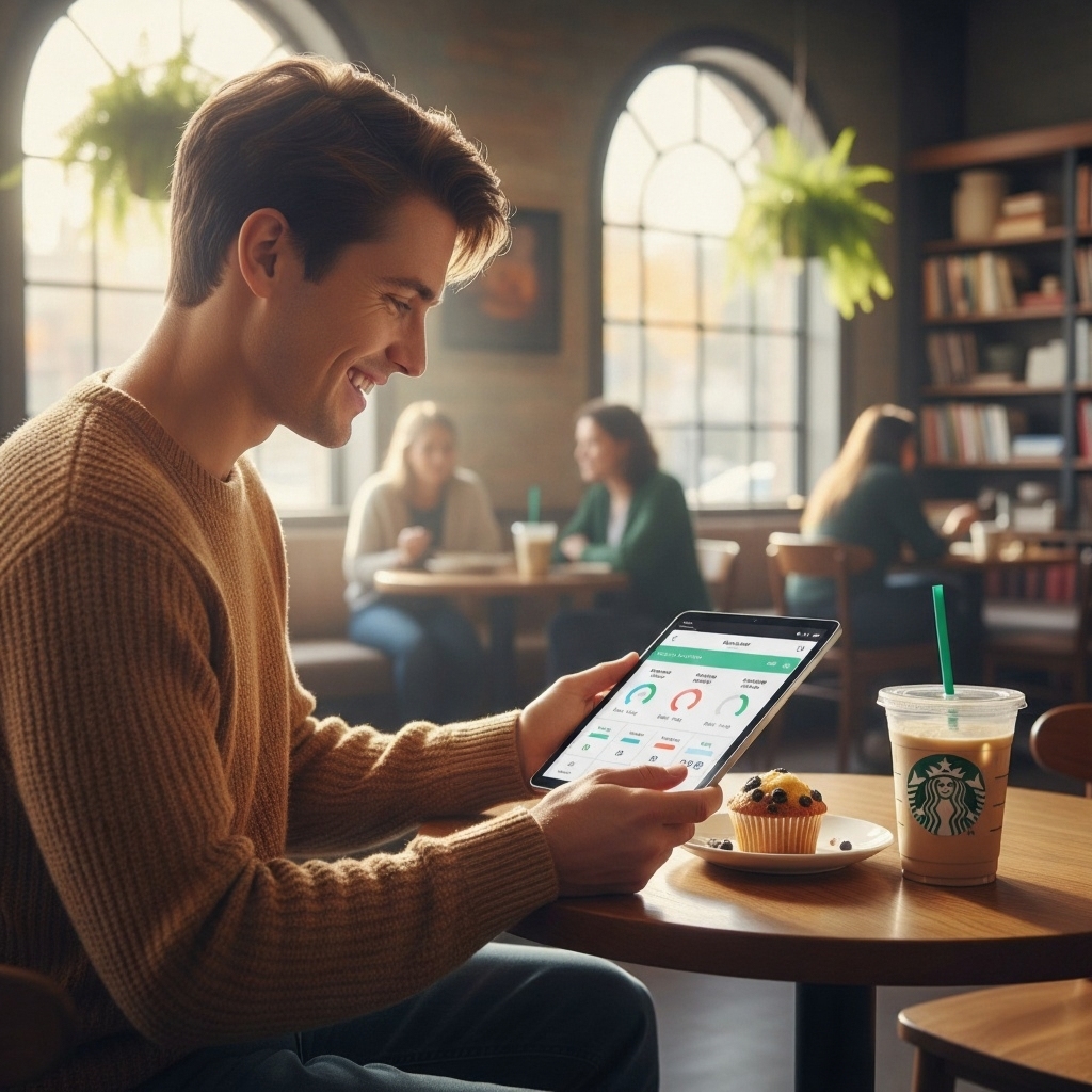 Person tracking Starbucks drink calories on laptop in a cozy cafe