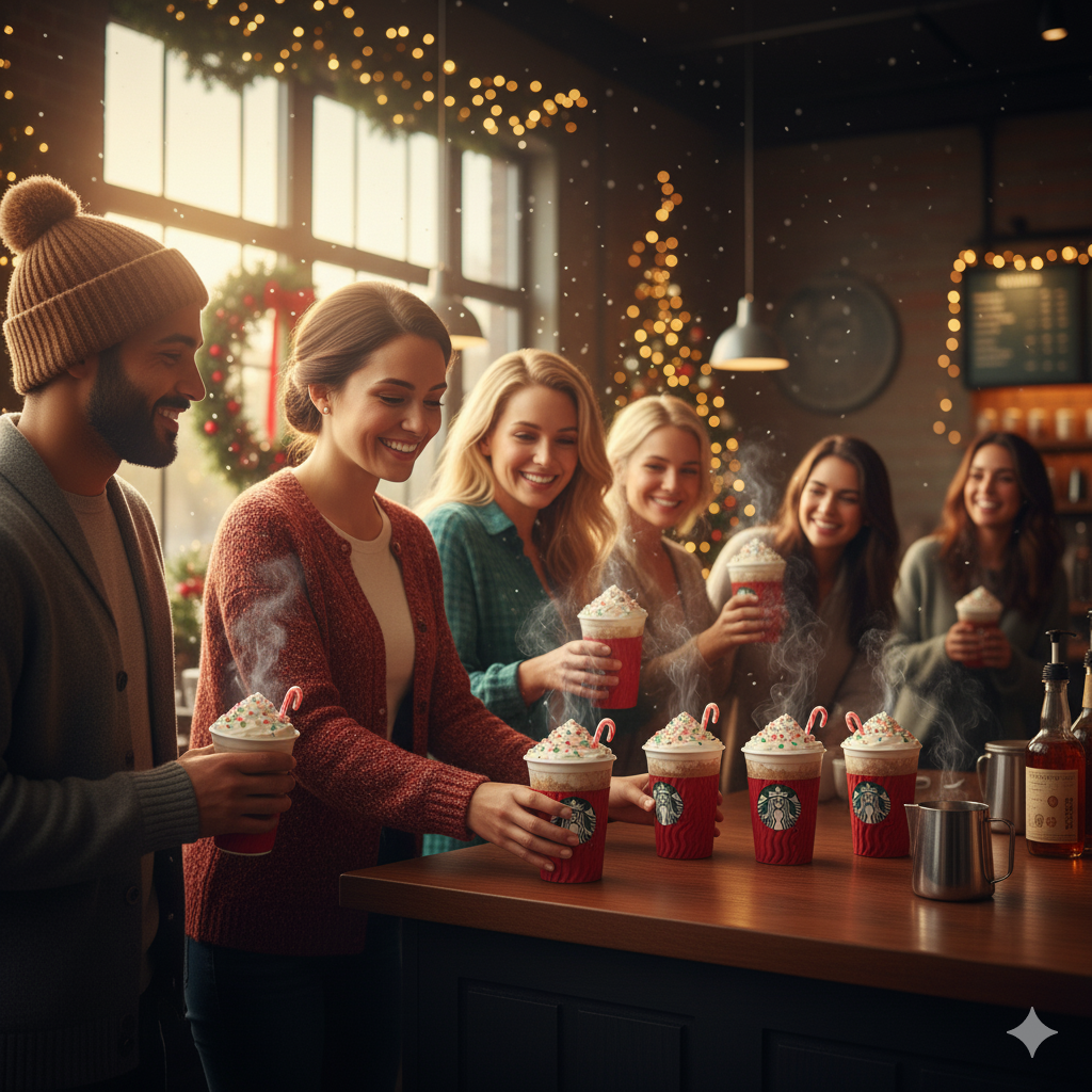 A Starbucks barista serving limited edition winter drinks to happy customers in a festive cafe setting