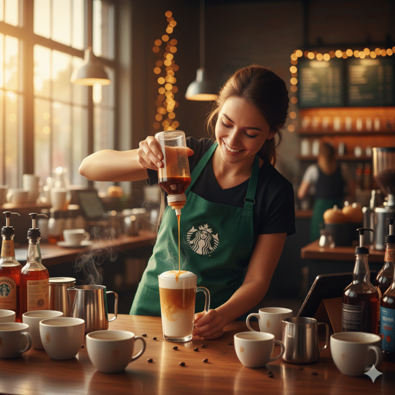 A Starbucks barista making a flavored latte with caramel drizzle inside a cozy coffee shop.