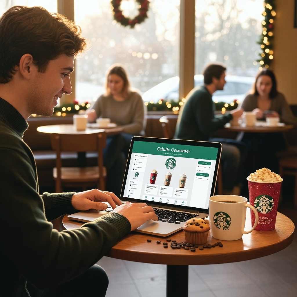 A smiling person sitting in a Starbucks cafe using a phone to check the Starbucks Calorie Calculator, with a coffee cup and pastry on the table.