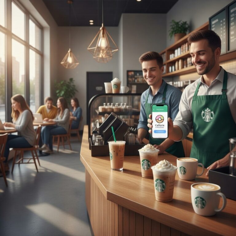 Starbucks drinks with calorie calculator on smartphone in cafe