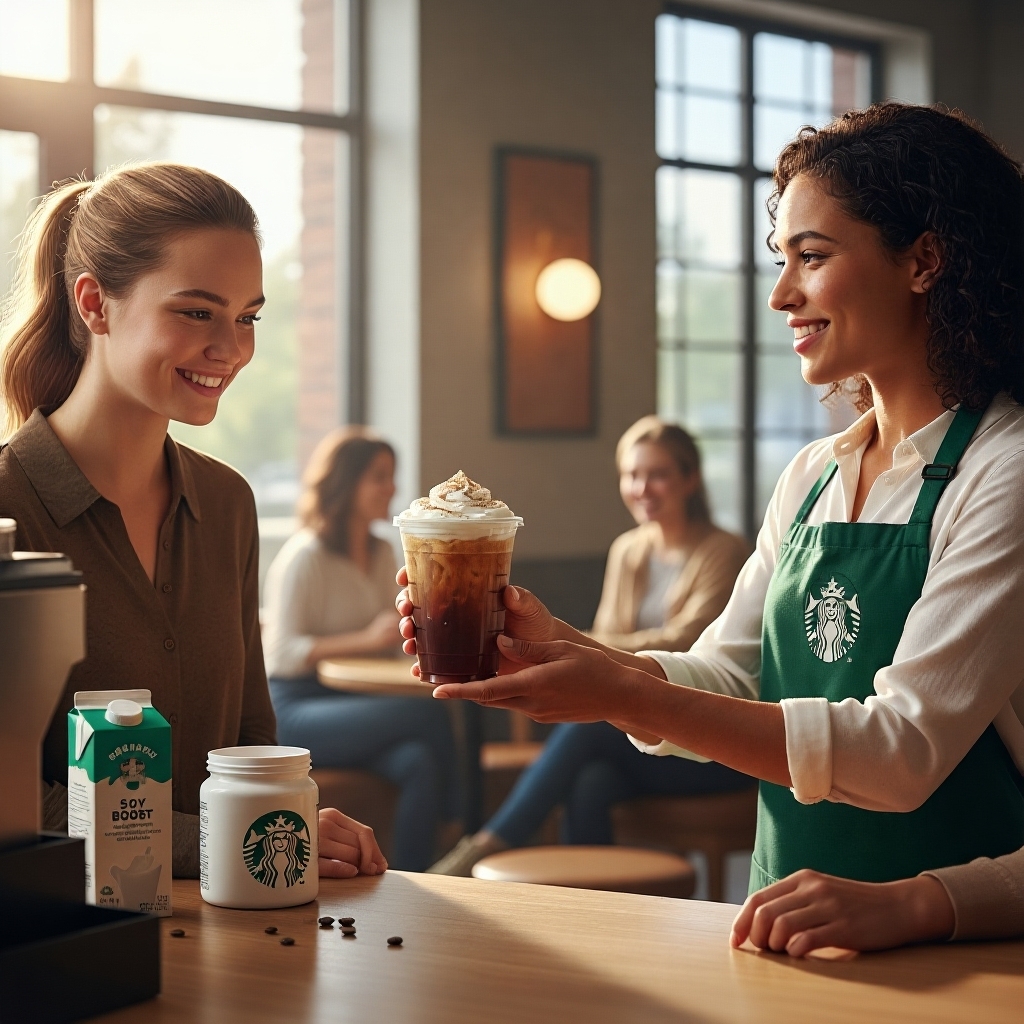 Barista serving a high-protein Starbucks iced coffee with creamy foam in a bright modern cafe
