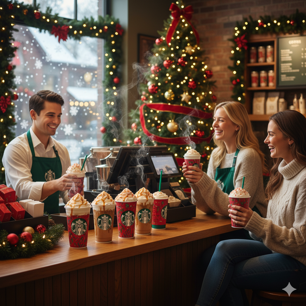 A Starbucks barista serving festive holiday drinks like Peppermint Mocha and Gingerbread Latte to smiling customers in a cozy, decorated cafe during the 2025 holiday season.