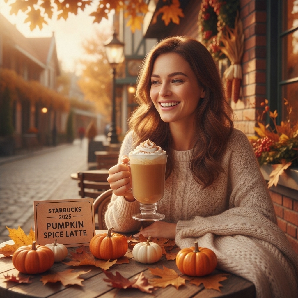 A person enjoying a Starbucks Pumpkin Spice Latte at an outdoor café surrounded by fall leaves, pumpkins, and warm autumn colors.