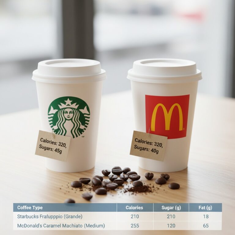 Starbucks vs McDonald’s coffee cups with calorie and sugar information, showing a 2025 nutrition comparison.