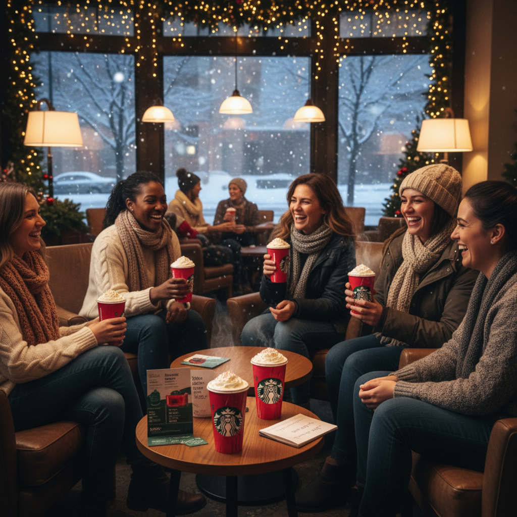 Happy people enjoying Starbucks winter drinks inside a cozy café with snow falling outside.
