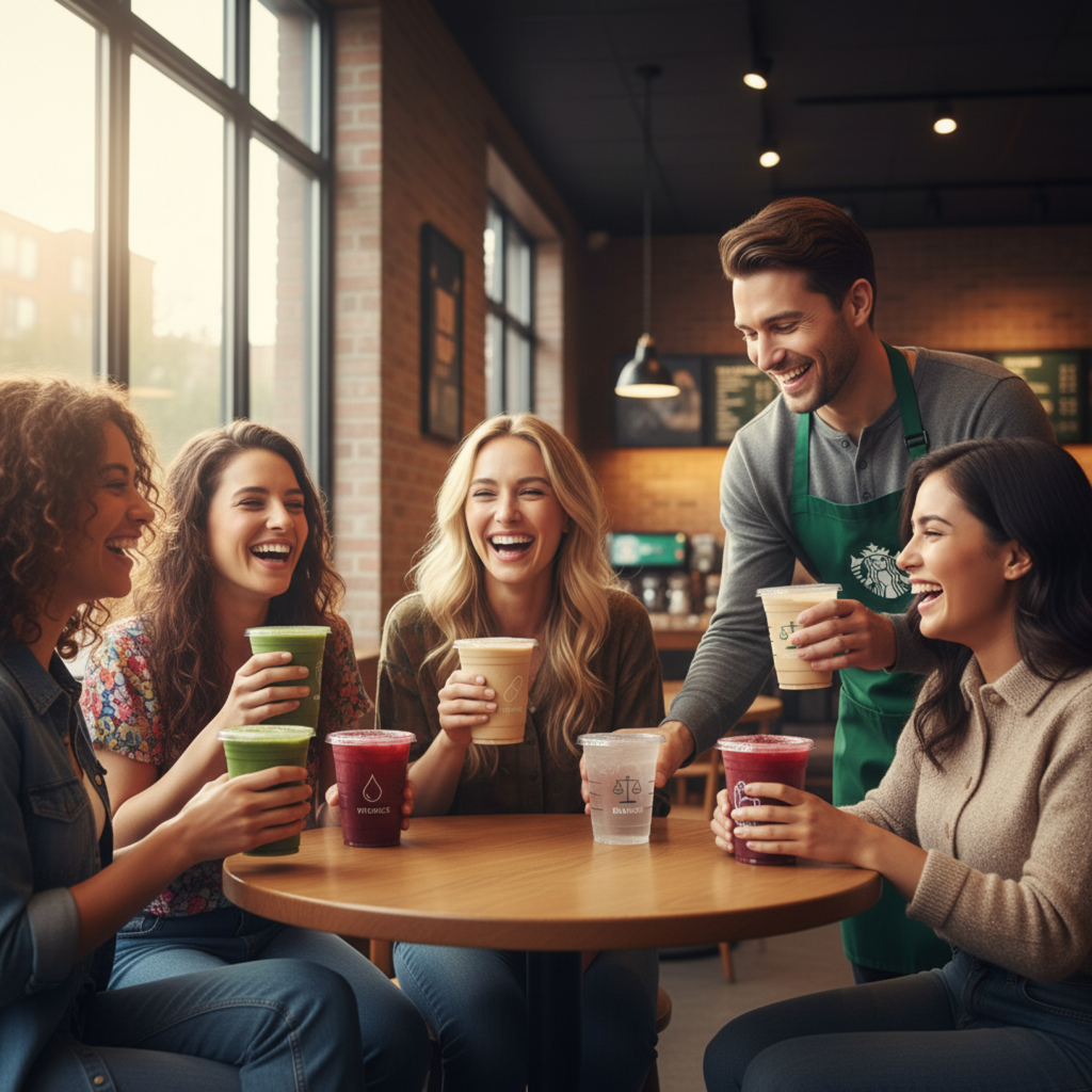 Starbucks barista serving colorful wellness drinks to friends in a cozy café from the new Starting 5 lineup, smiling and enjoying the moment.