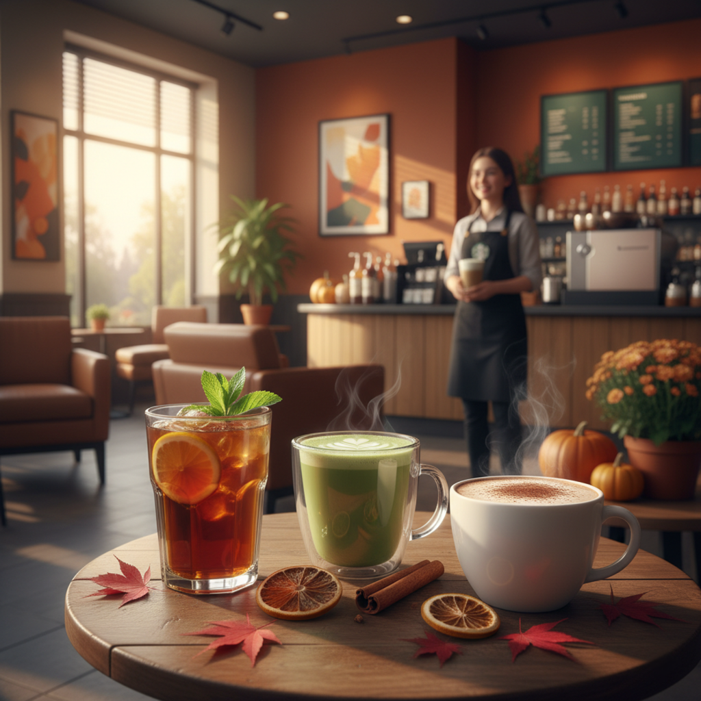 Starbucks low-calorie drinks on a wooden table with a barista serving in the background, including matcha latte, iced black tea lemonade, and hot chocolate, autumn 2025 cozy café scene.