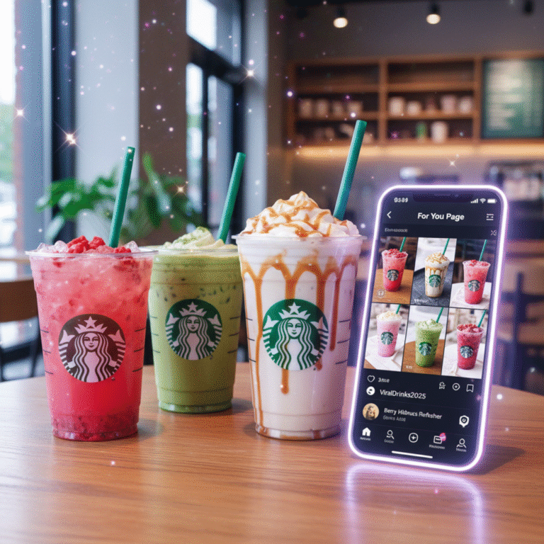 Viral Starbucks TikTok drinks on a table with a phone showing TikTok videos.
