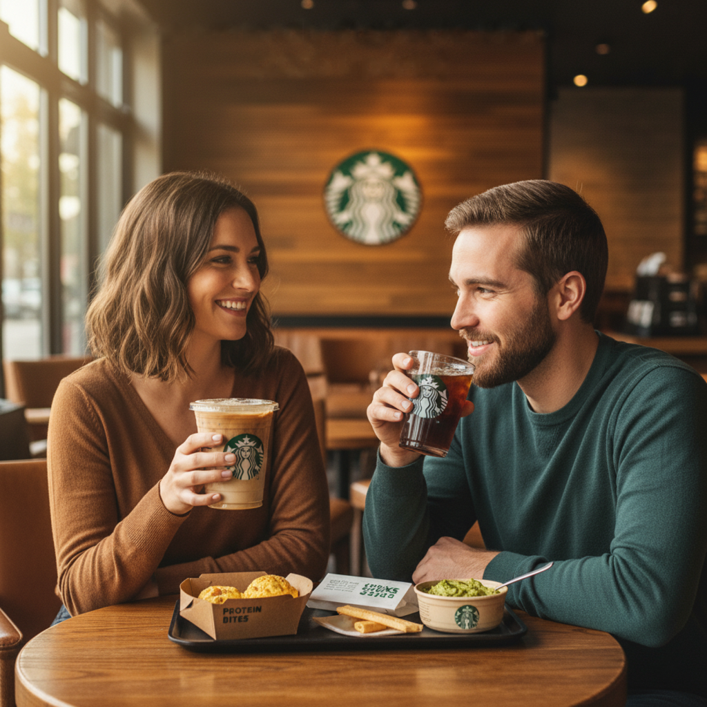 Two friends enjoying keto-friendly Starbucks drinks and low-carb snacks inside a cozy Starbucks cafe, featuring iced coffee with heavy cream, cold brew, egg bites, and avocado spread on the table.