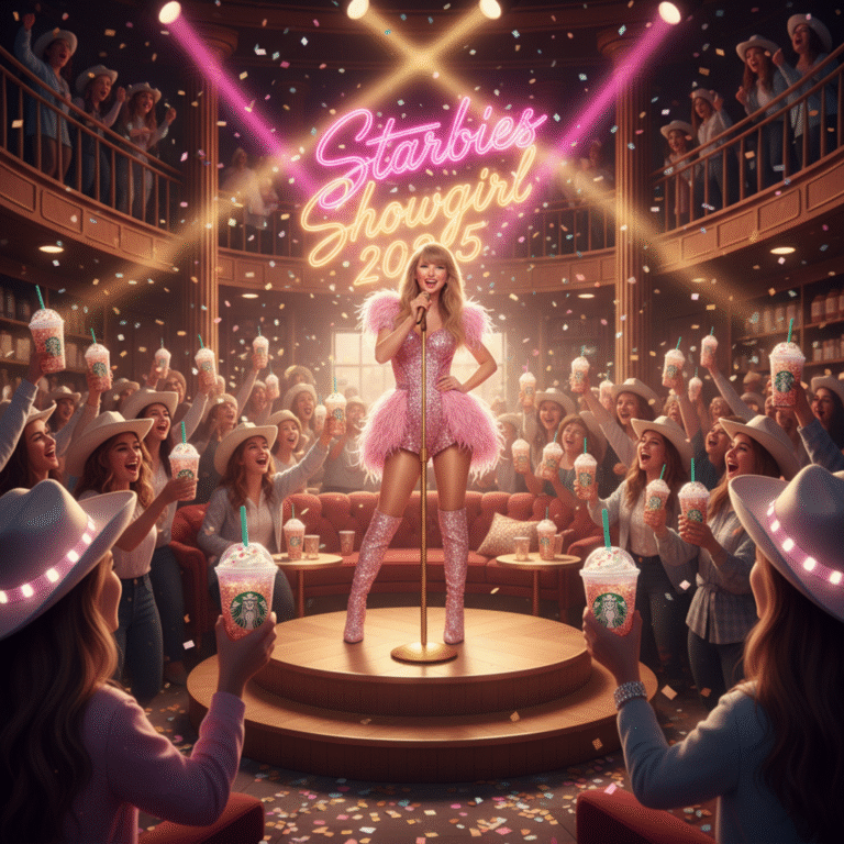 Taylor Swift performing at a Starbucks-inspired concert for the 2025 Showgirl collaboration, with fans holding glitter drinks under pink and gold lights