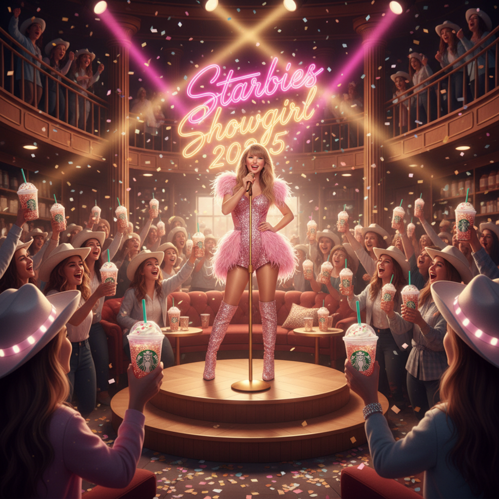 Taylor Swift performing at a Starbucks-inspired concert for the 2025 Showgirl collaboration, with fans holding glitter drinks under pink and gold lights